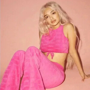 SKIMS logo velour hot pink crop top swim L